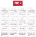 2019 Spanish calendar in red