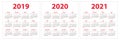 Calendar 2019, 2020, 2021 years. Colorful set. Week starts on Sunday. Basic grid Royalty Free Stock Photo