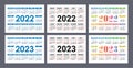 Calendar 2022 and 2023 years. English colorful vector set. Horizontal wall or pocket calender template. Design collection. New