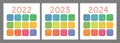 Calendar 2022, 2023 and 2024 years. English colorful vector set. Square wall or pocket calender template. Design collection. New Royalty Free Stock Photo