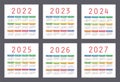 Calendar 2022, 2023, 2024, 2025, 2026 and 2027 years. English colorful vector set. Square wall or pocket calender template. Design Royalty Free Stock Photo