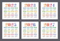 Calendar 2022, 2023, 2024, 2025, 2026 and 2027 years. English colorful vector set. Square wall or pocket calender template. Design Royalty Free Stock Photo