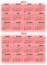 Calendar for 2015 and 2016 years on the pink