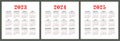 Calendar 2023, 2024 and 2025 years. Square vector calender design template. English set. Week starts on Sunday. January