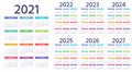 Calendar 2021 2022 2023 2024 2025 2026 2027 years. Vector illustration. Simple template