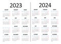 Calendar 2023 2024 years. Week starts on Monday. Vector