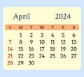 Calendar-yellow-month-april-2024-rouded-corners-blue-background