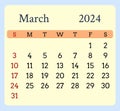 Calendar-yellow-month-march-2024-rouded-corners-blue-background