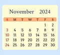 Calendar-yellow-month-november-2024-rouded-corners-blue-background