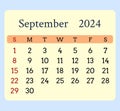 Calendar-yellow-month-september-2024-rouded-corners-blue-background