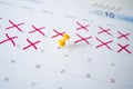 Calendar with yellow pins on February 14 is the day of love Royalty Free Stock Photo