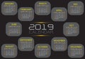 Calendar 2019 yellow white text number grey on black design modern vector