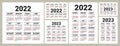 Calendars for 2022 and 2023 years. English vector square, horizontal and vertical wall or pocket calender design template. New