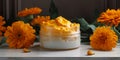 Calendula also known as marigold cosmetic product. Face moisturising cream. Beauty and healthcare concept. Generative Ai