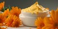 Calendula also known as marigold cosmetic product. Face moisturising cream. Beauty and healthcare concept. Generative Ai Royalty Free Stock Photo