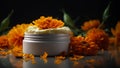 Calendula also known as marigold cosmetic product. Face moisturising cream. Beauty and healthcare concept. Generative Ai Royalty Free Stock Photo