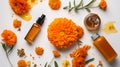 Calendula also known as marigold cosmetic product. Face moisturising cream. Top view, flat lay. Generative Ai illustration Royalty Free Stock Photo