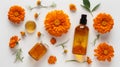 Calendula also known as marigold cosmetic product. Face moisturising cream. Top view, flat lay. Generative Ai illustration Royalty Free Stock Photo