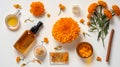 Calendula also known as marigold cosmetic product. Face moisturising cream. Top view, flat lay. Generative Ai illustration Royalty Free Stock Photo