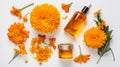 Calendula also known as marigold cosmetic product. Face moisturising cream. Top view, flat lay. Generative Ai illustration Royalty Free Stock Photo