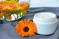 Calendula cosmetic cream and flowers Royalty Free Stock Photo