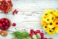 Calendula flowers in a bowl, red currants and cherries on a white wooden background 4 Royalty Free Stock Photo