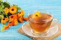 Calendula tea with fresh flowers on blue wooden background Royalty Free Stock Photo