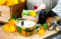 Calendula tea, herbal healing drink made of bunch of fresh flowers Royalty Free Stock Photo