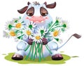 Calf goby hold bouquet of daisies. White bull symbol of 2021 on Chinese calendar