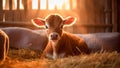 A calf lying on the farm illuminated by a gentle ray of sunlight, Generative AI Royalty Free Stock Photo