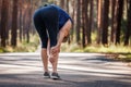 Calf muscle cramp. Woman feeling pain of her legs during running outdoors