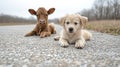 Calf and puppy on rural road Royalty Free Stock Photo