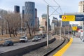 Bridgeland Memorial station platform. CTrain light rail system. Traffic on Memorial Drive. Royalty Free Stock Photo