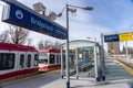 CTrain stop at Bridgeland Memorial station. CTrain light rail system. Calgary Transit. Royalty Free Stock Photo