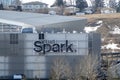 Close up to the TELUS Spark Science Centre sign. A science museum with interactive