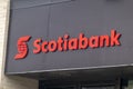 A Scotiabank sign on a location branch. The Bank of Nova Scotia, operating as Scotiabank