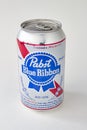 A Pabst Blue Ribbon beer can 355 ml on a white background