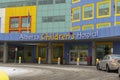 A close up to the Alberta Children\'s Hospital entrance during the winter. The largest Royalty Free Stock Photo