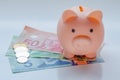 A Piggy bank with Canadian currency on a white table. Concept: Canadian economy. Canadians saving money. Royalty Free Stock Photo