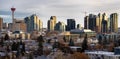 Calgary Alberta Canada, December 02 2020: Early morning cityscape sunrise on apartment buildings in the downtown housing district