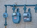 Calgary, Alberta, Canada. Jan 14, 2023. A couple of ATCO urban natural gas meter measuring gas consumption, outside a business gas