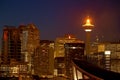 CALGARY, ALBERTA, CANADA -JANUARY 18, 2010: The iconic Calgary Tower in Downtown Calgary, Alberta with it`s flame lit Royalty Free Stock Photo
