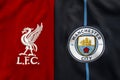 Liverpool FC vs Manchester City football soccer close up to their jersey logos
