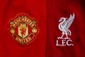 Manchester United vs Liverpool FC football soccer close up to their jersey logos