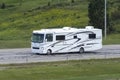 A camper motor home RV on a highway route