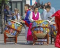 Korean Drummers playing during a festival in summer Royalty Free Stock Photo