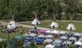 Top view of a few Tipis often called a lodge in English, during a public festival in