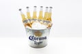 A beer bucket of Corona Light beers bottles with ice on a white background