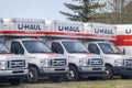 U-Haul trucks parked during the spring