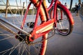 A vintage ladies Huffy cruiser bicycle parked on a bridge at East Village downtown during a Royalty Free Stock Photo
